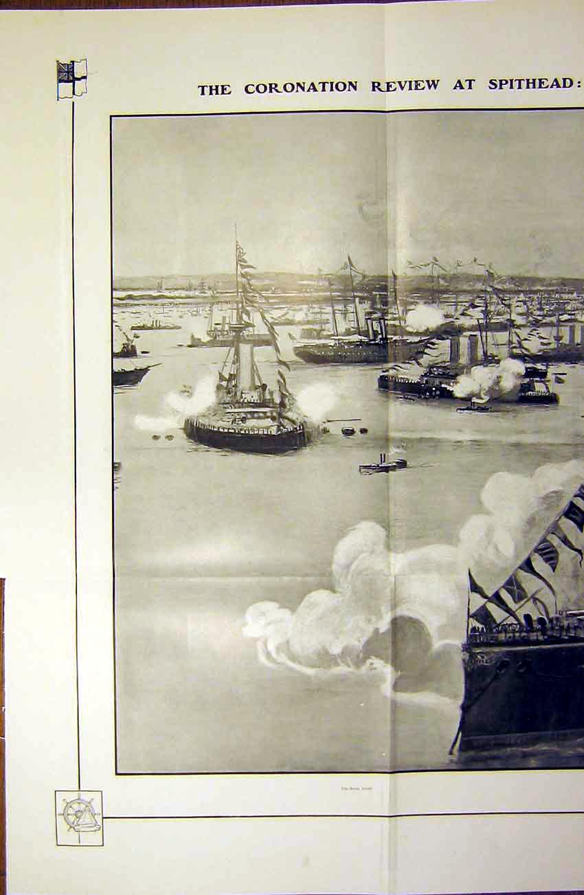 Original Old Antique Print Coronation Review Spithead Salute Royal Yacht 1902