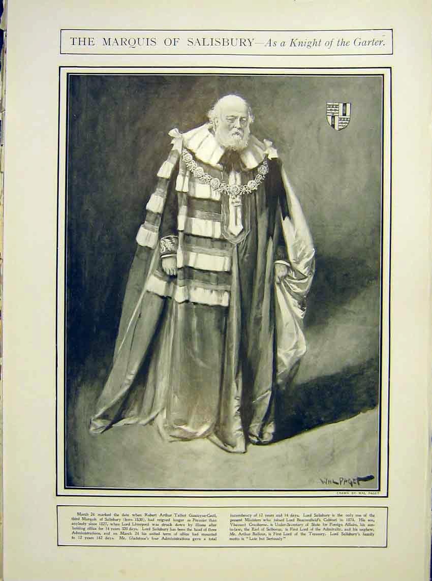 Original Old Antique Print Marquis Salisbury Knight Garter Portrait 1902 20th