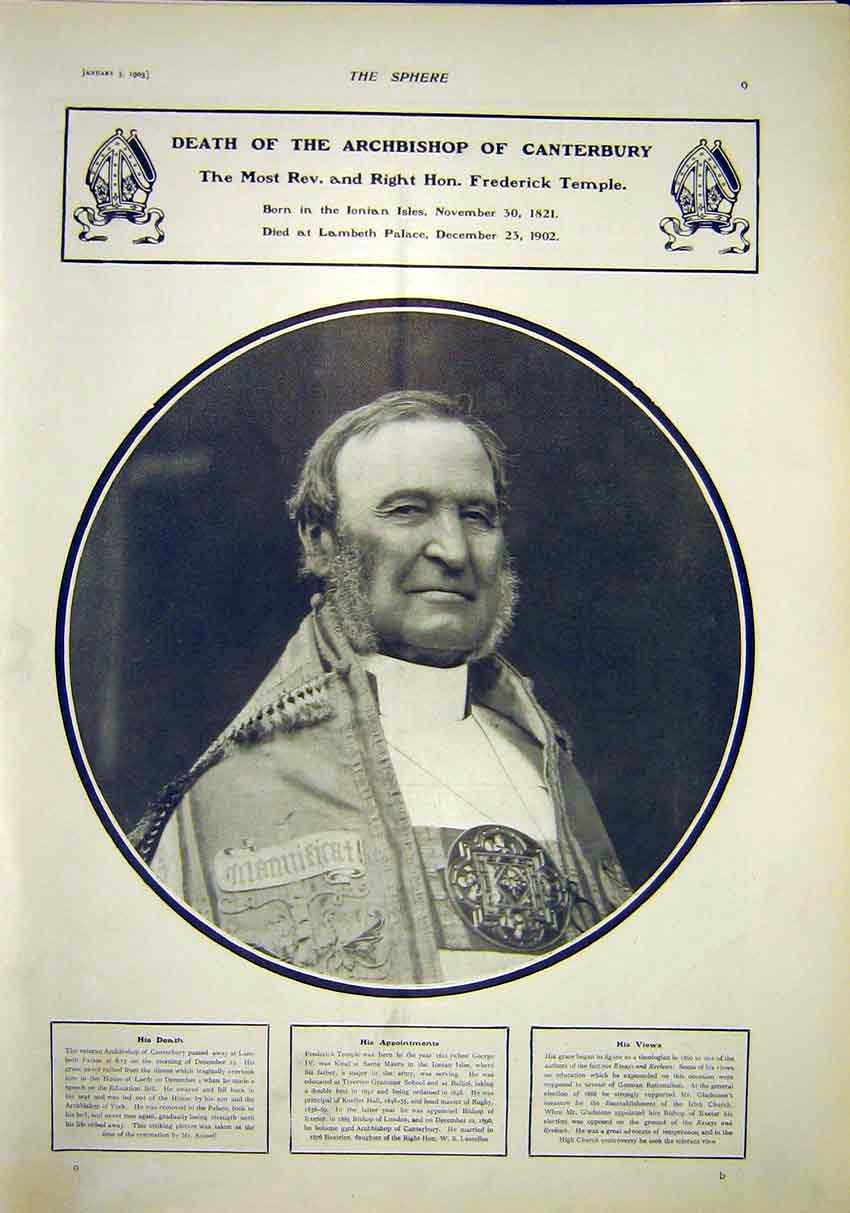 Original Old Antique Print Archbishop Canterbury Temple Portrait 1903 20th