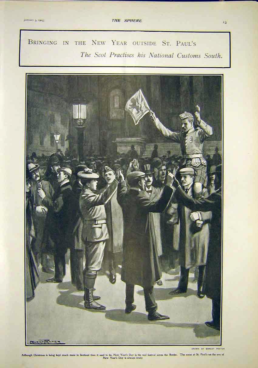 Original Old Antique Print St Paul'S New Years Day Scot Custom 1903 20th Century