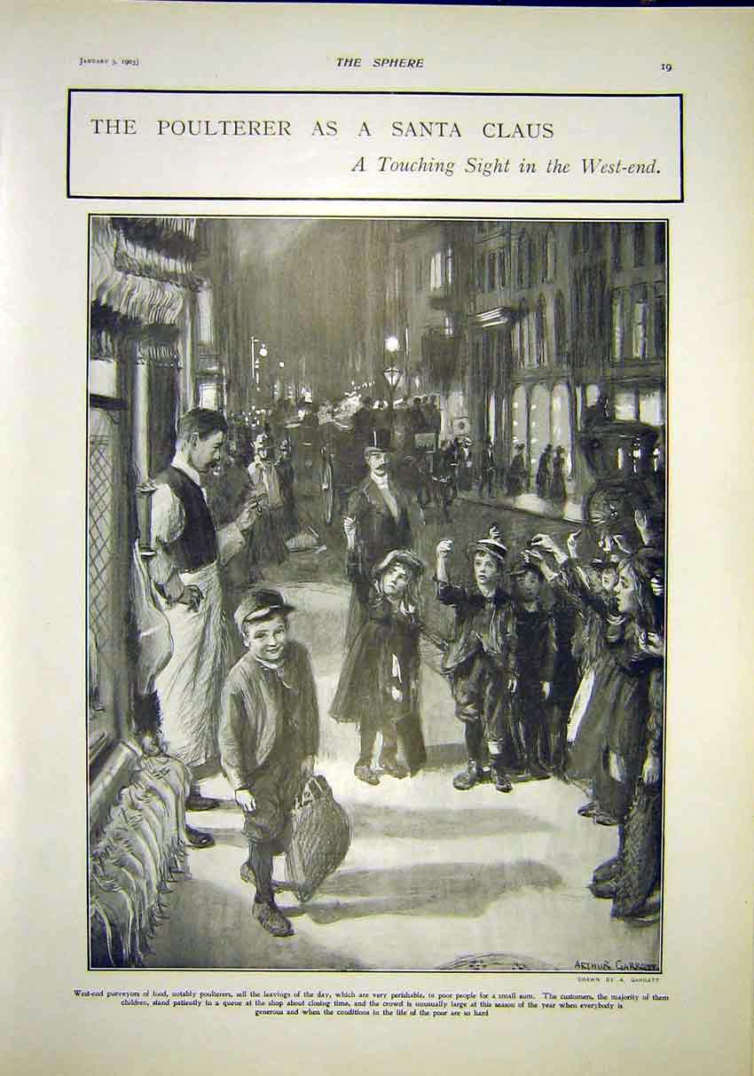 Original Old Antique Print Poulterer Santa Claus Children London West-End 1903