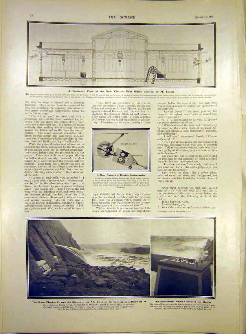 Original Old Antique Print Electric Post-Office Taeggi Nile Dam Sluices 1903
