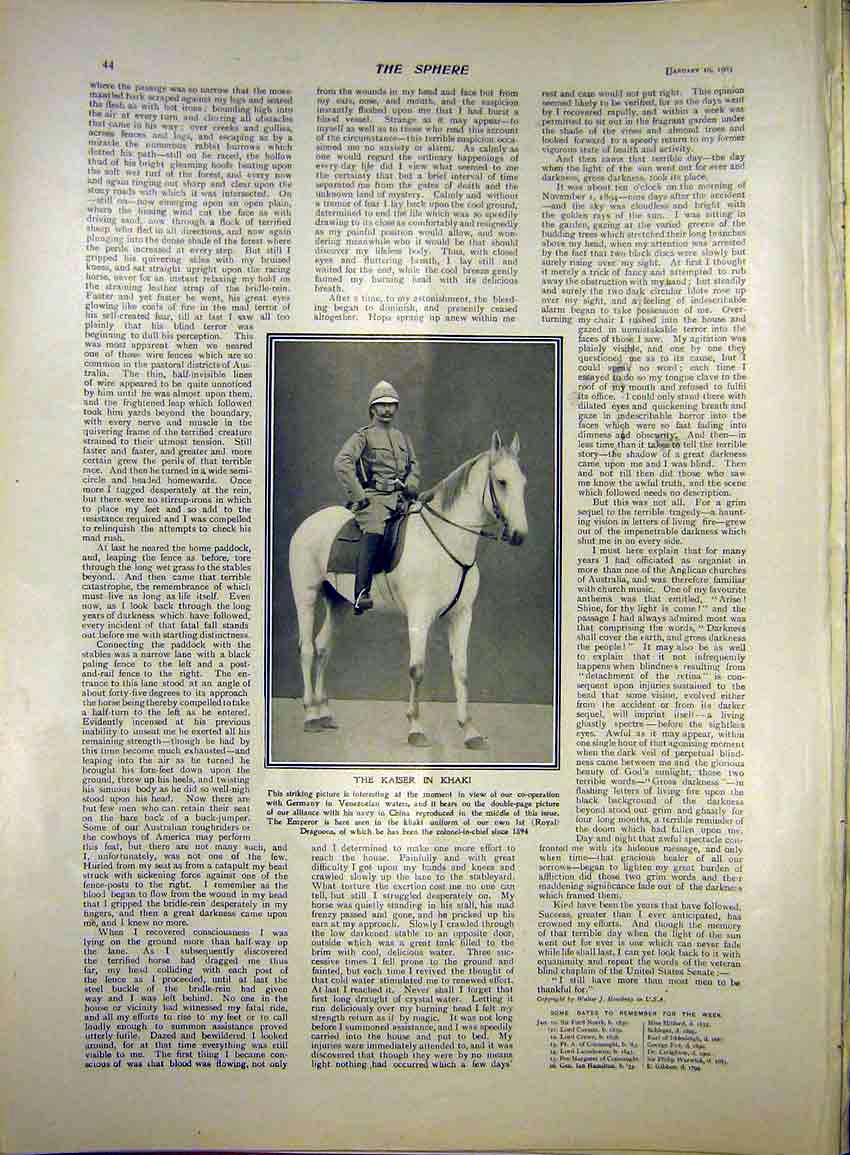 Original Old Antique Print Kaiser Khaki Portait Emperor Dragoons Uniform 1903