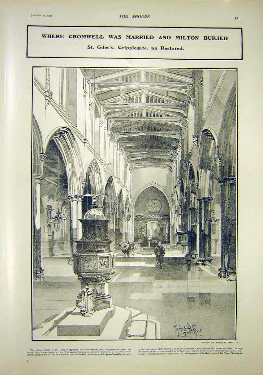 Original Old Antique Print Cromwell Married Milton Grave Cripplegate Church 1903