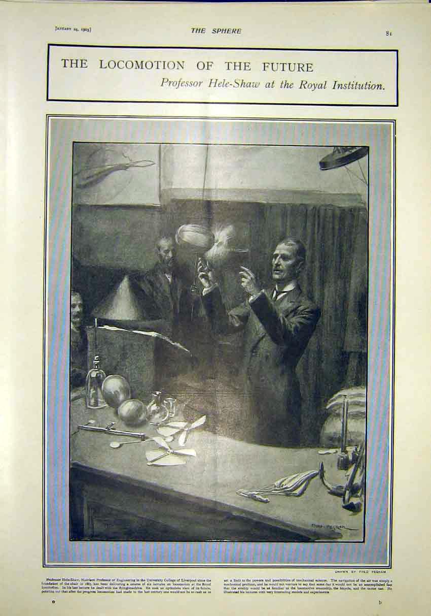 Original Old Antique Print Locomotion Professor Hele-Shaw Royal Institution 1903