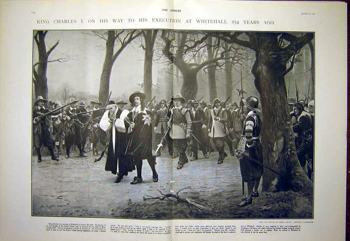 Original Old Antique Print King Charles Execution Whitehall London 1903 20th