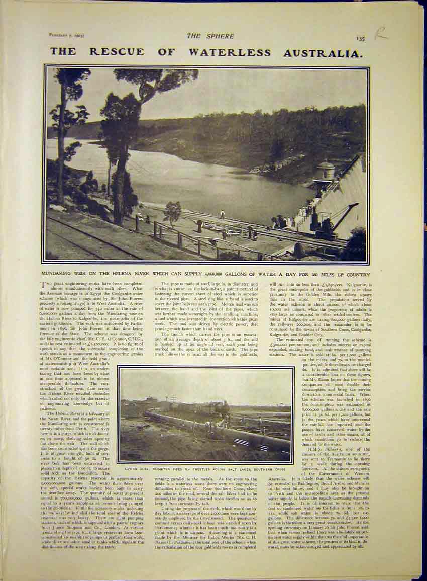 Original Old Antique Print Australia Helena River America Mentone Relics 1903