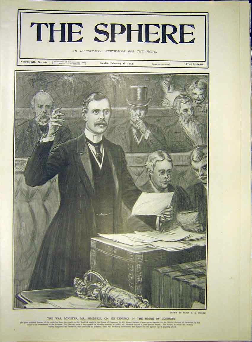 Original Old Antique Print War Minister Brodrick House Commons 1903 20th Century