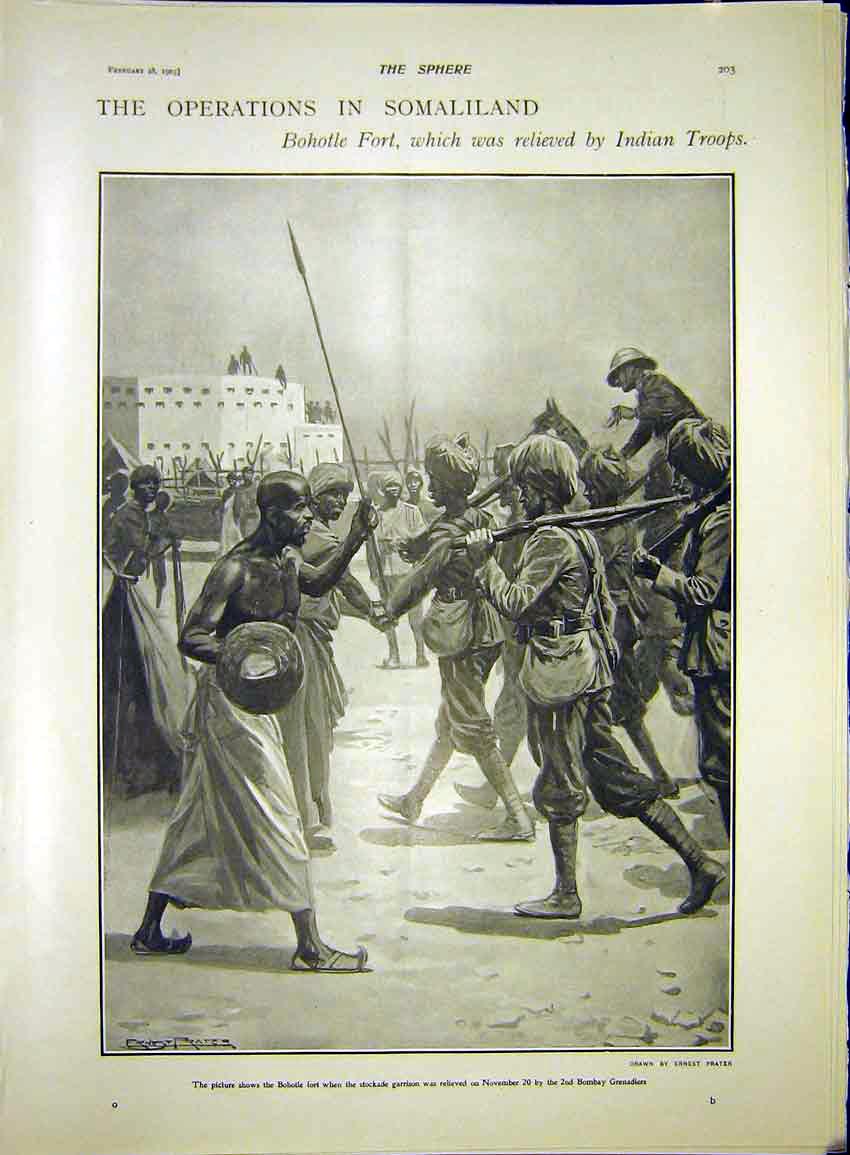 Original Old Antique Print Somaliland Africa Bohotle Fort Indian Troops 1903