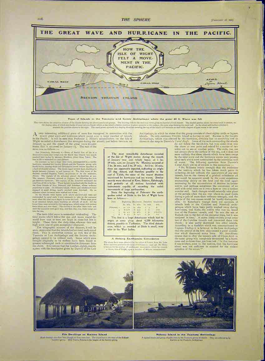 Original Old Antique Print Wave Hurrican Pacific Isle Wight Island 1903 20th