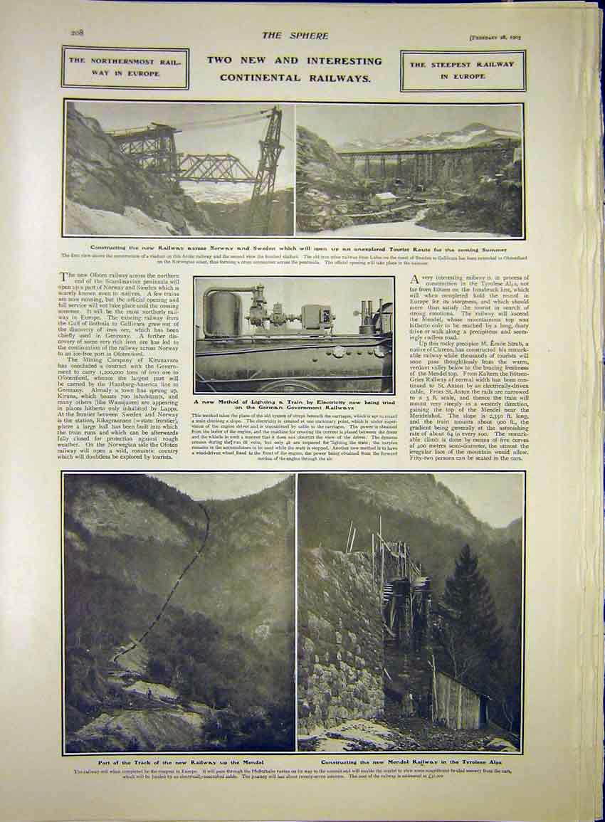 Original Old Antique Print Railway Europe Norway Sweden Train Electricity Mendel