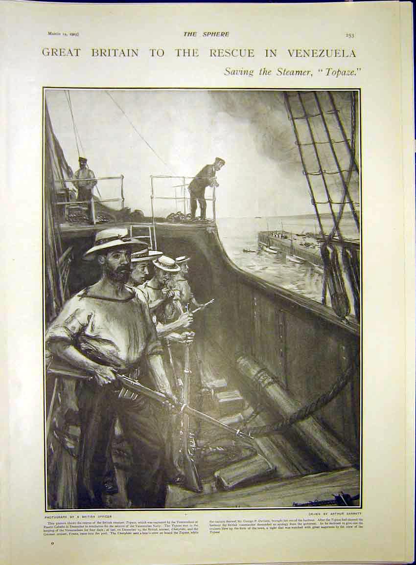 Original Old Antique Print Venezuela Steamer Topaze Ship Sailors 1903 20th