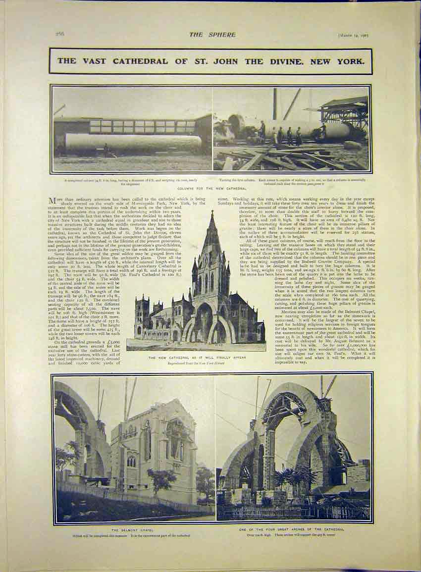 Original Old Antique Print Cathedral St John New York America Building 1903 20th