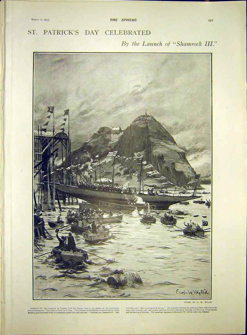 Original Old Antique Print St Patrick'S Day Shamrock Iii Ship Launch 1903 20th