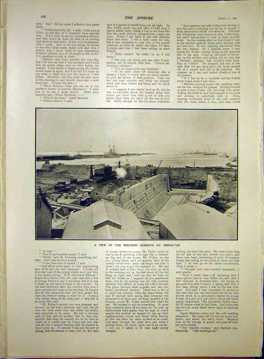 Original Old Antique Print Western Harbour Gibraltar Construction 1903 20th