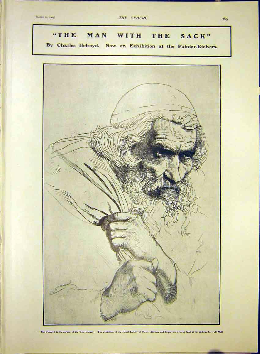 Original Old Antique Print Holroyd Man Sack Fine Art 1903 Royal Society 20th