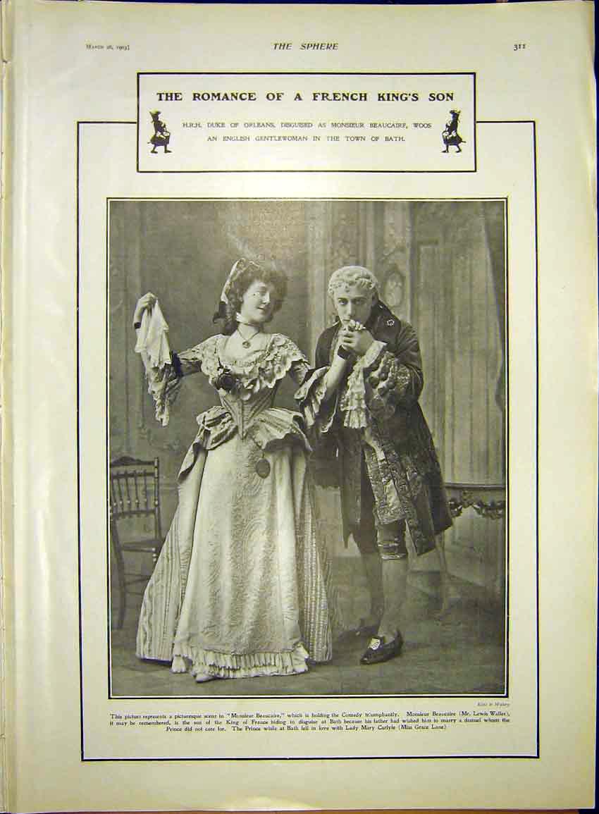 Original Old Antique Print Theatre Waller Lane Romance French King Son 1903 20th