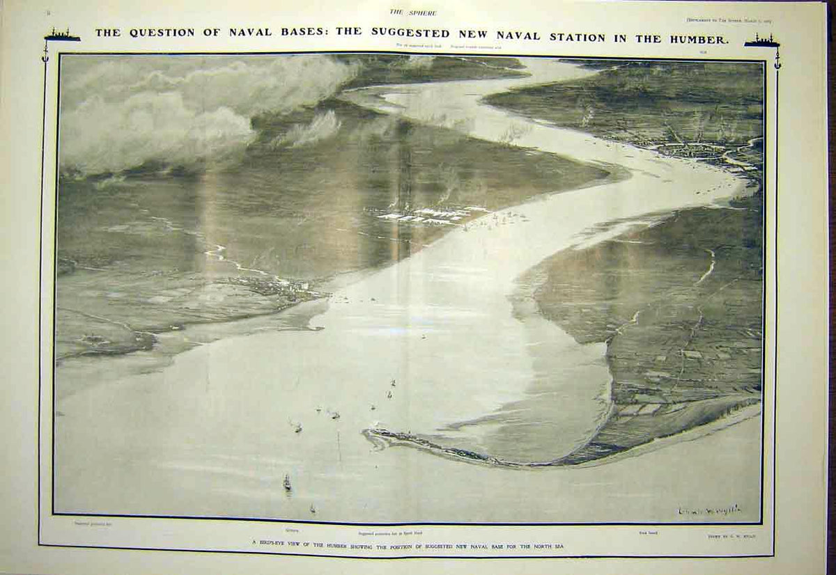 Original Old Antique Print Naval Bases Humber Navy Hull Harbour 1903 20th
