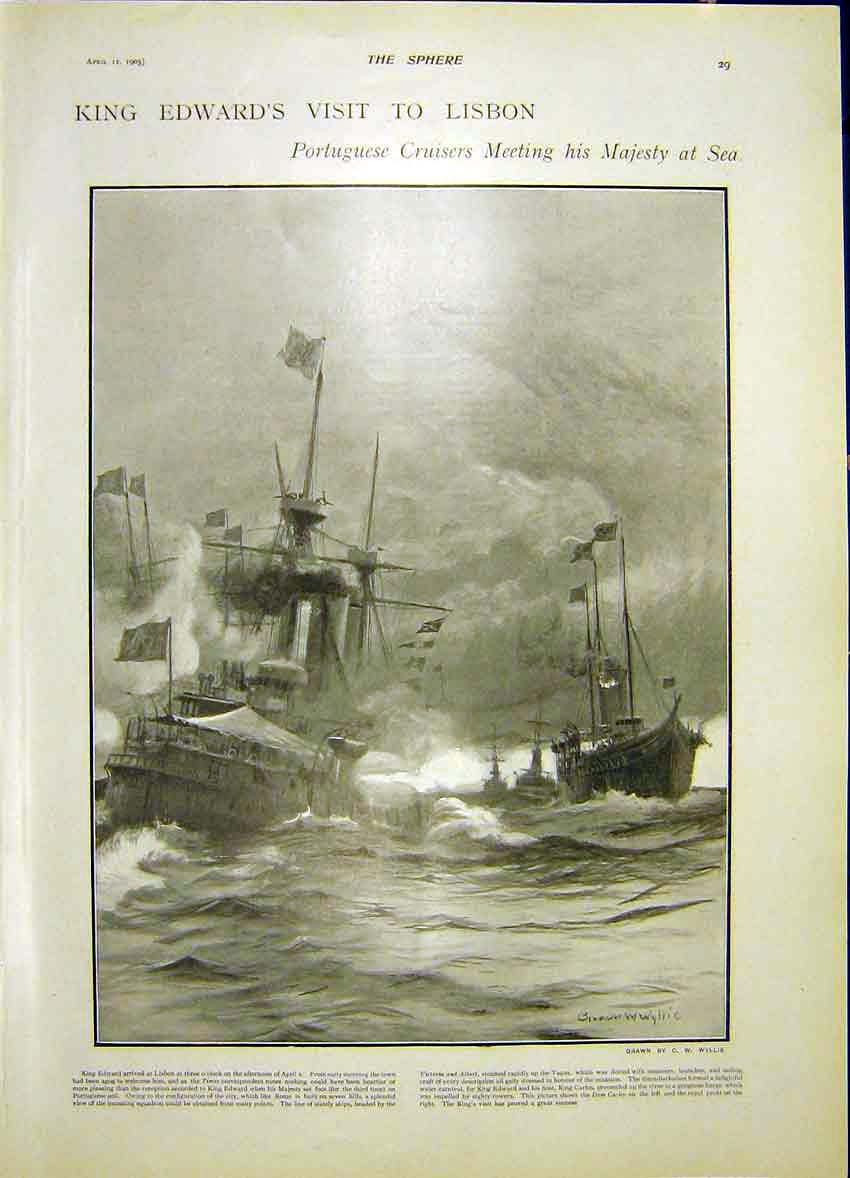 Original Old Antique Print King Edward Portugal Lisbon Arrival 1903 20th Century
