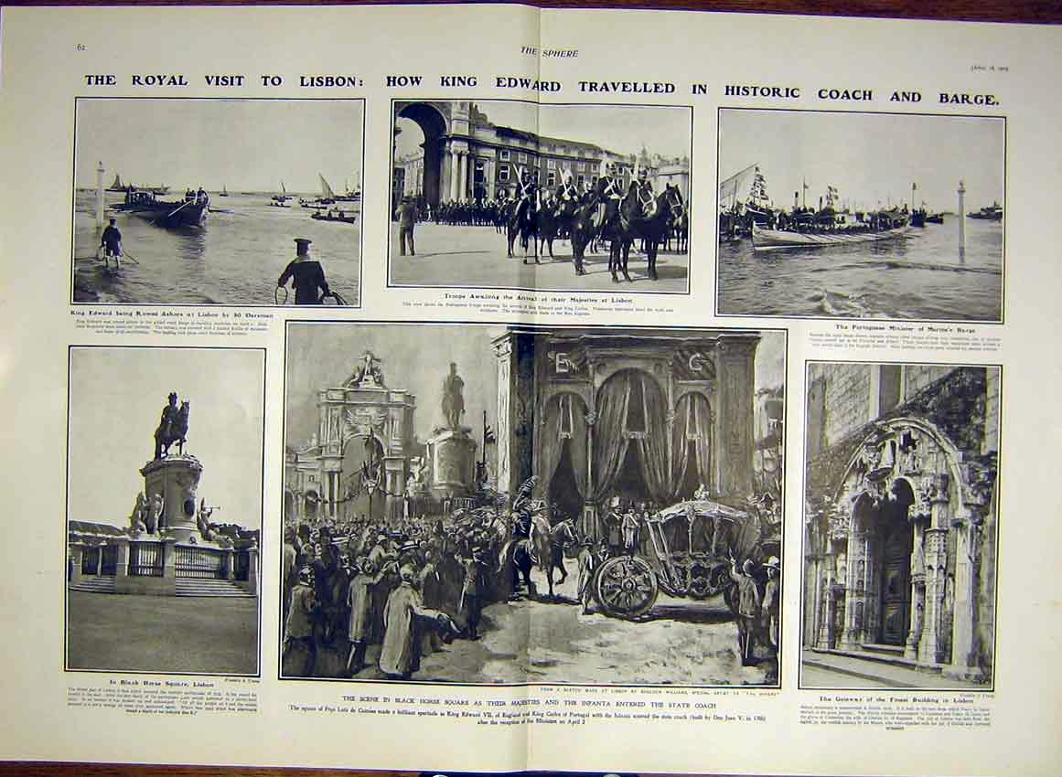 Old Antique Print King Edward Lisbon Portugal Historic Coach Barge 1903 20th