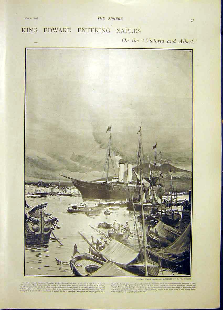 Original Old Antique Print King Edward Naples Italy 1903 20th Century