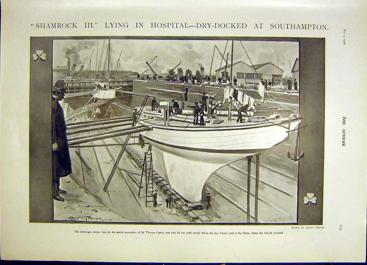 Original Old Antique Print Shamrock Iii Southampton Dry-Dock 1903 20th Century