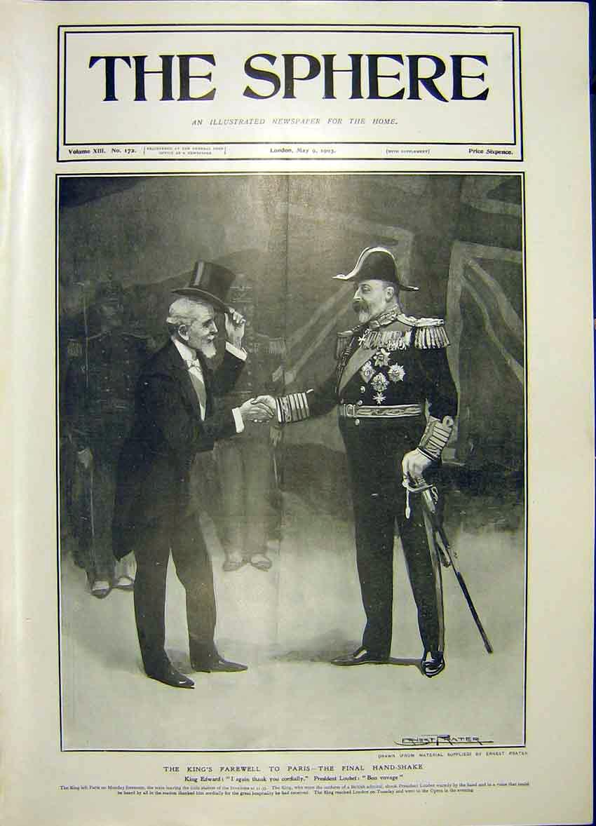 Original Old Antique Print King Edward Paris Farewell President Loubet 1903 20th