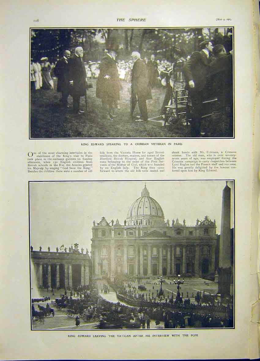 Original Old Antique Print King Edward Paris Crimean Veteran Vatican Pope 1903