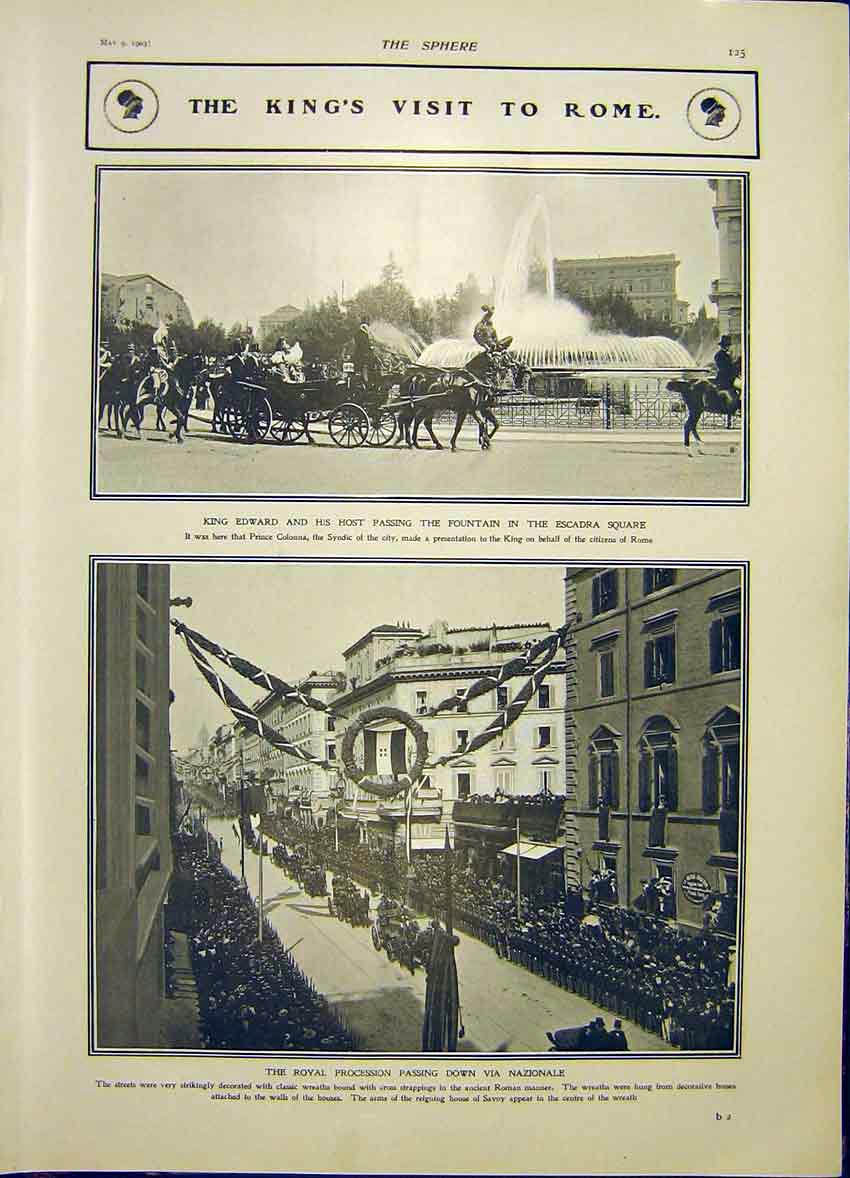 Original Old Antique Print King Edward Visit Rome Escadra Via Nazionale 1903