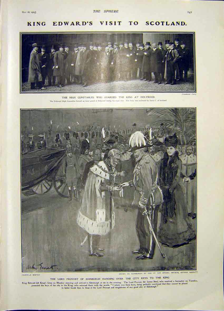 Original Old Antique Print King Edward Scotland Provost Edinburgh Holyrood 1903