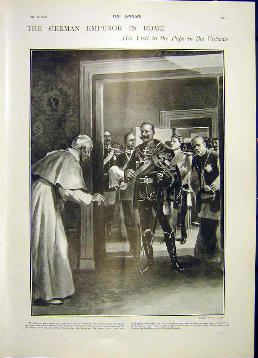 Original Old Antique Print German Emperor Pope Vatican Rome Italy 1903 20th