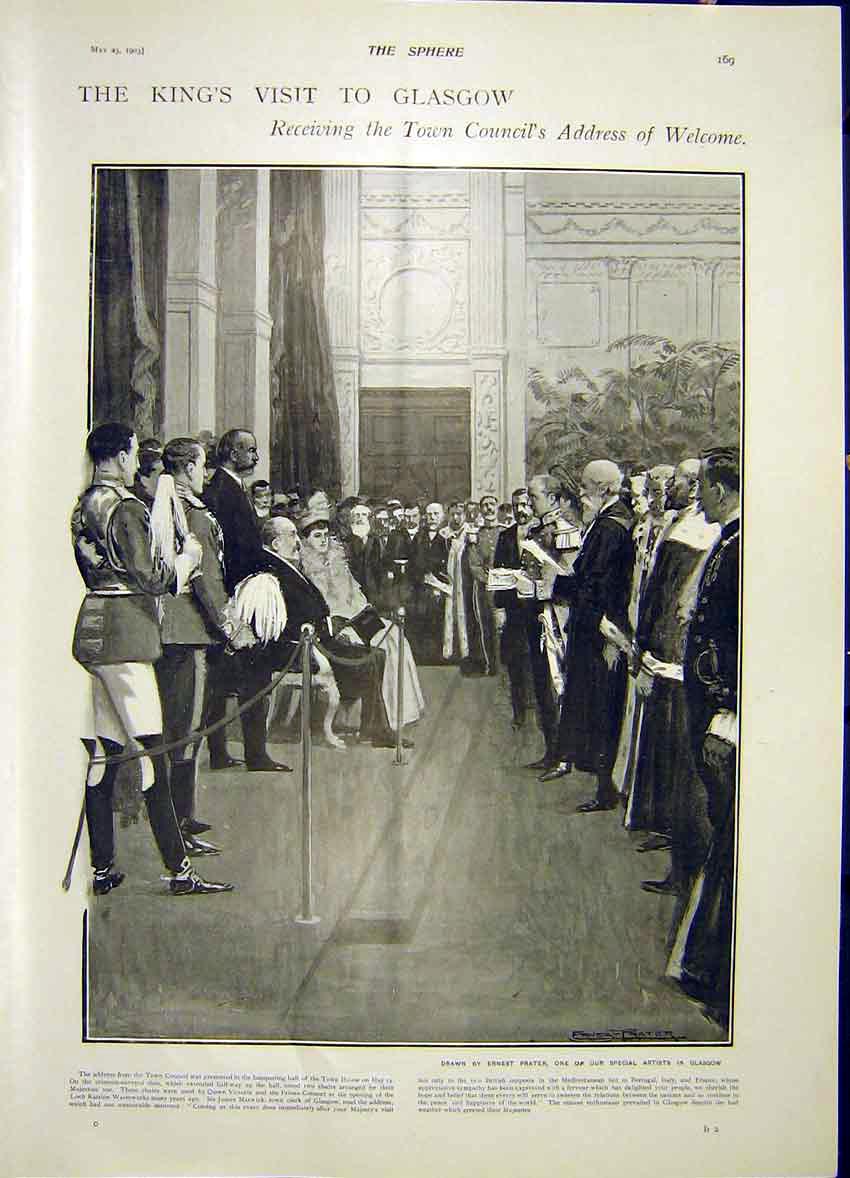 Original Old Antique Print King Edward Glasgow Town Council Welcome 1903 20th