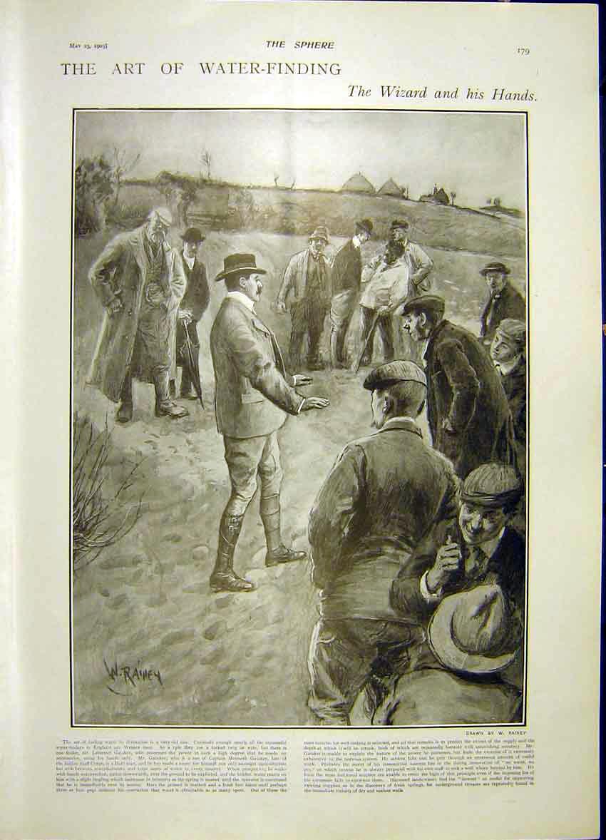 Original Old Antique Print Water Finding Gataker The Wizard 1903 20th Century