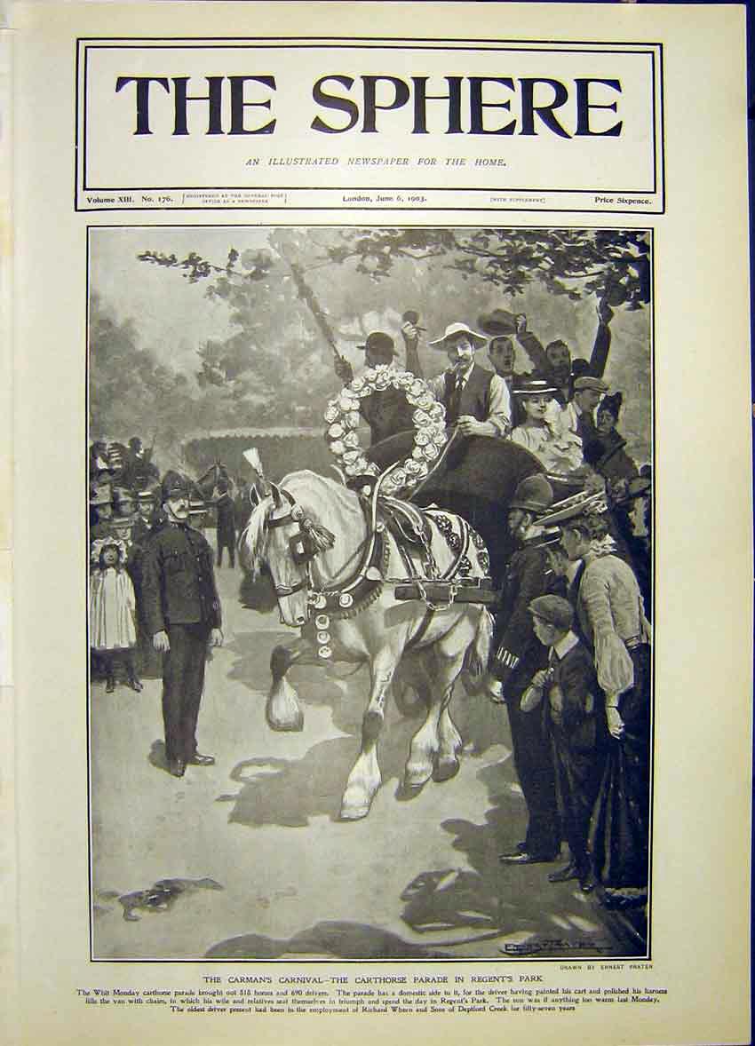 Old Antique Print Whit Monday Carthorse Parade Regent'S Park London 1903 20th