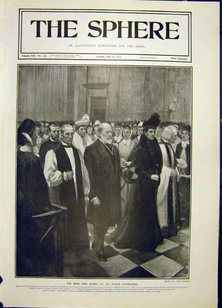 Original Old Antique Print St Pauls Cathedral London King And Queen 1903 20th