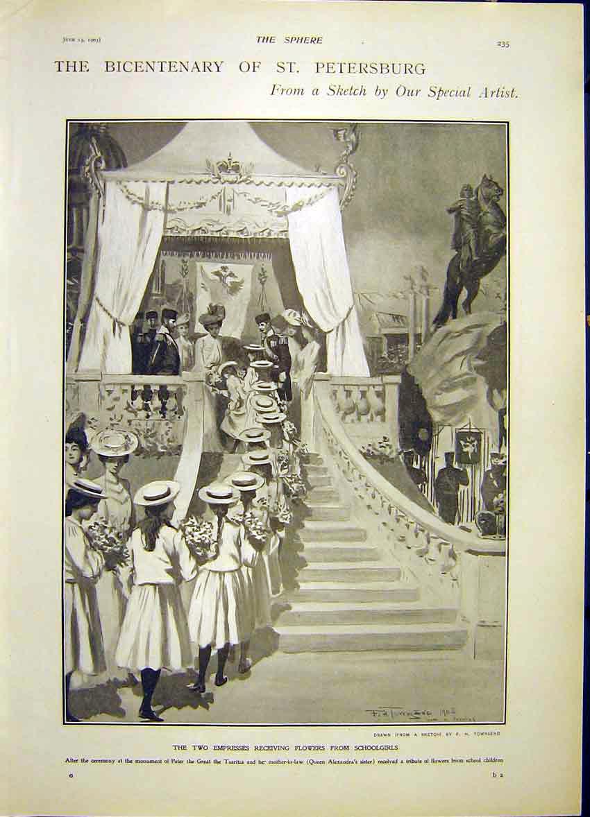Original Old Antique Print St Petersburg Bicentenary Two Empresses 1903 20th