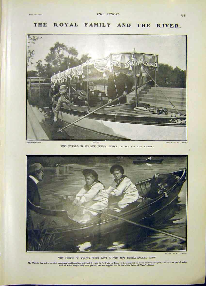 Original Old Antique Print Thames King Edward Prince Wales Children 1903 20th