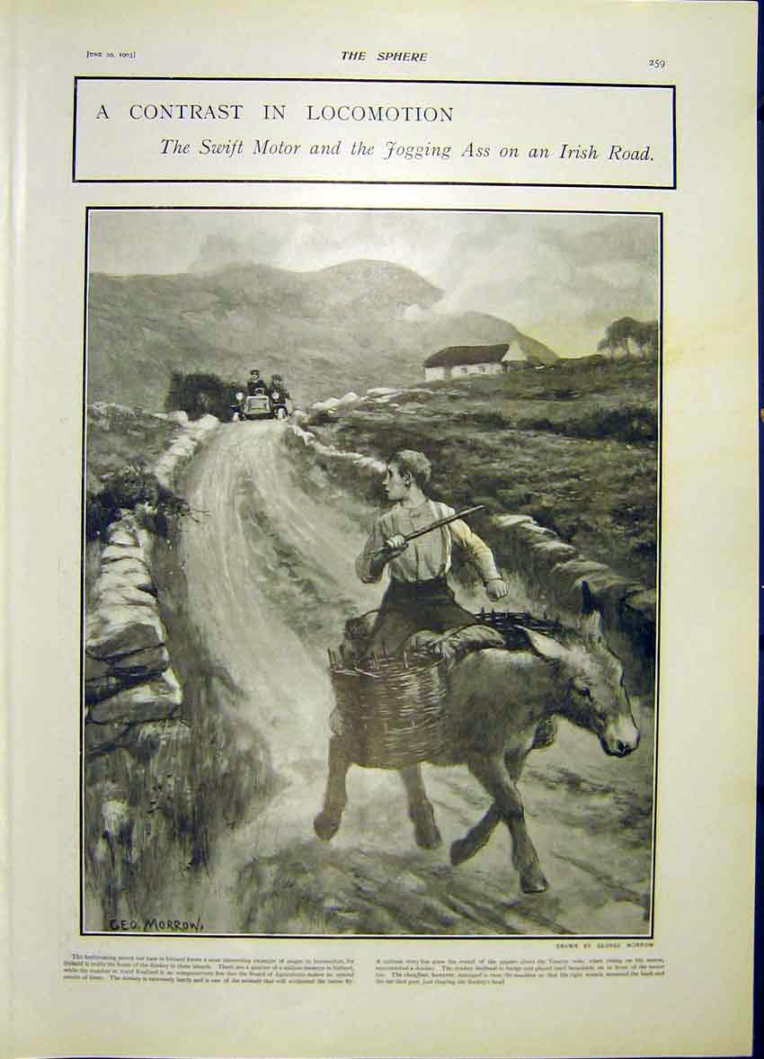 Original Old Antique Print Ireland Road Contrast Motor Jogging Ass Morrow 1903