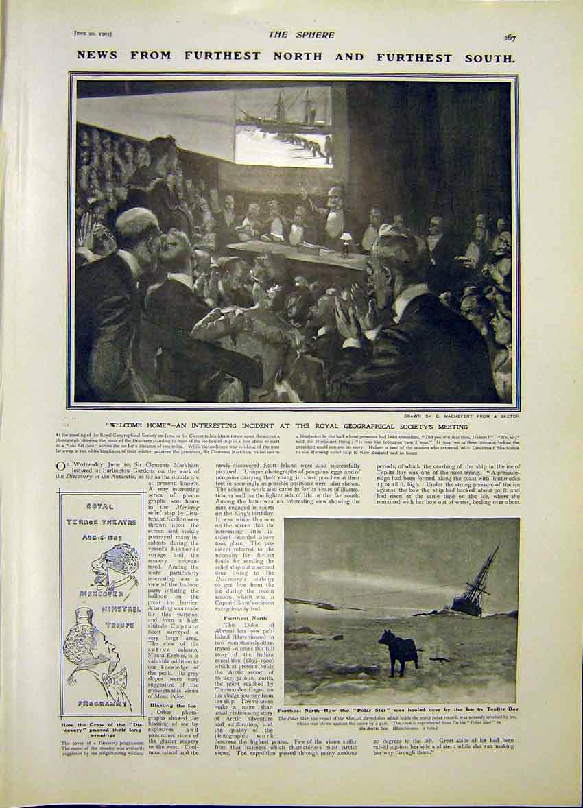 Original Old Antique Print Royal Geographical Society Polar Star Teplitz 1903