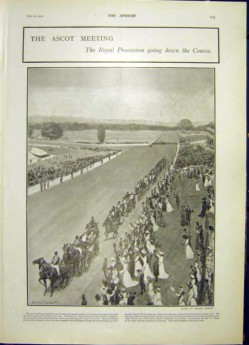 Original Old Antique Print Ascot Meeting Royal Procession 1903 20th Century