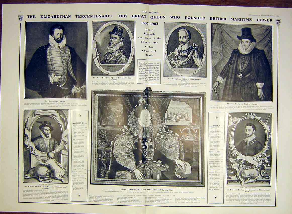 Original Old Antique Print Queen Elizabeth Tercenenary Famous Men Mercator 1903