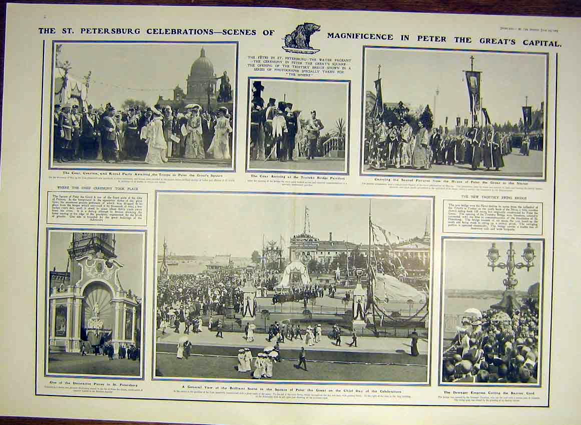 Original Old Antique Print St Petersburg Bicentenary Celbration Neva 1903 20th