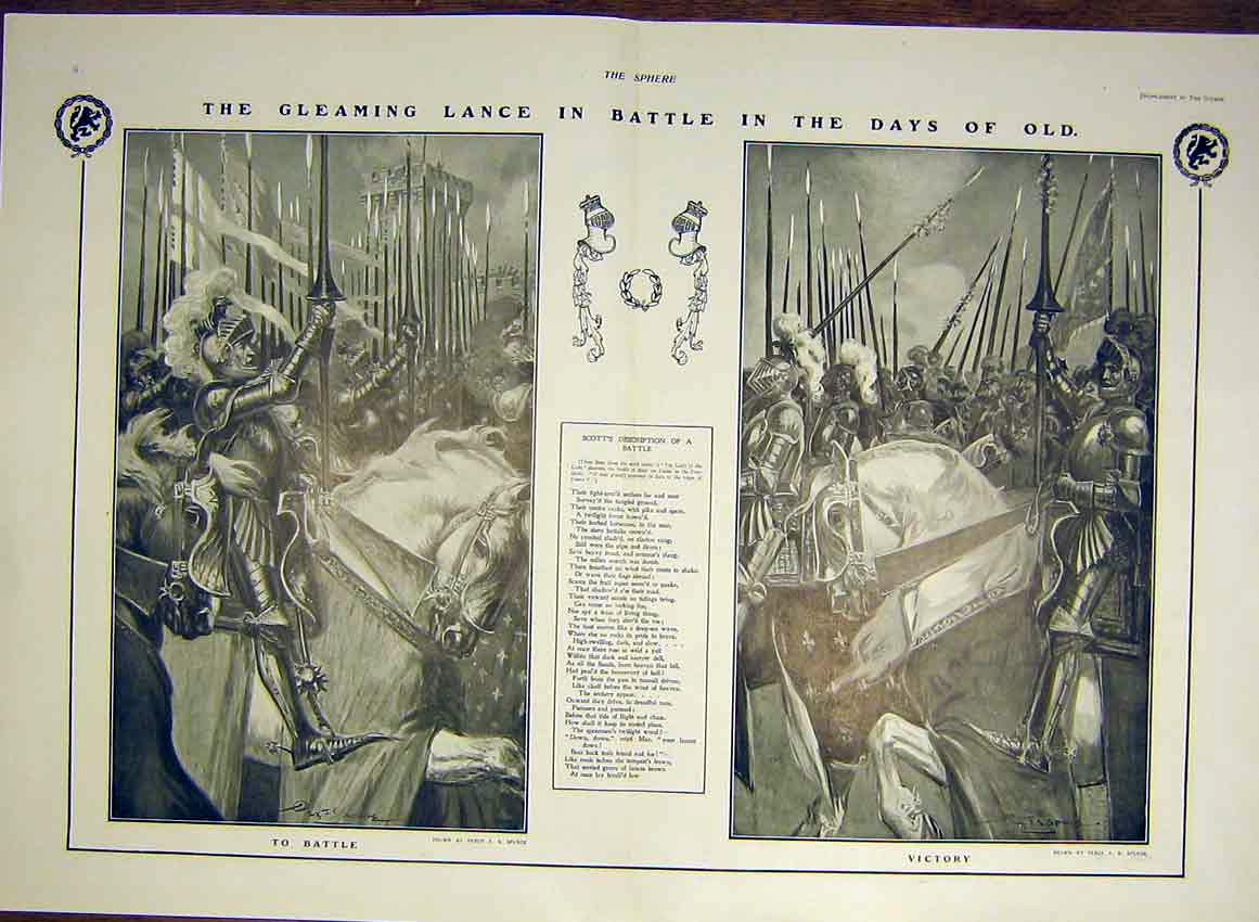 Original Old Antique Print Lance Abolition Tourney Battle Victory Spence 1903
