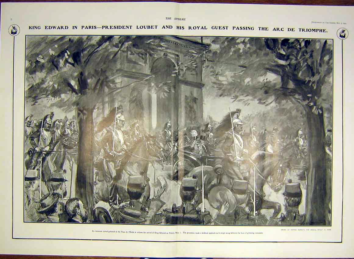 Original Old Antique Print King Edward Paris France President Loubet 1903 20th
