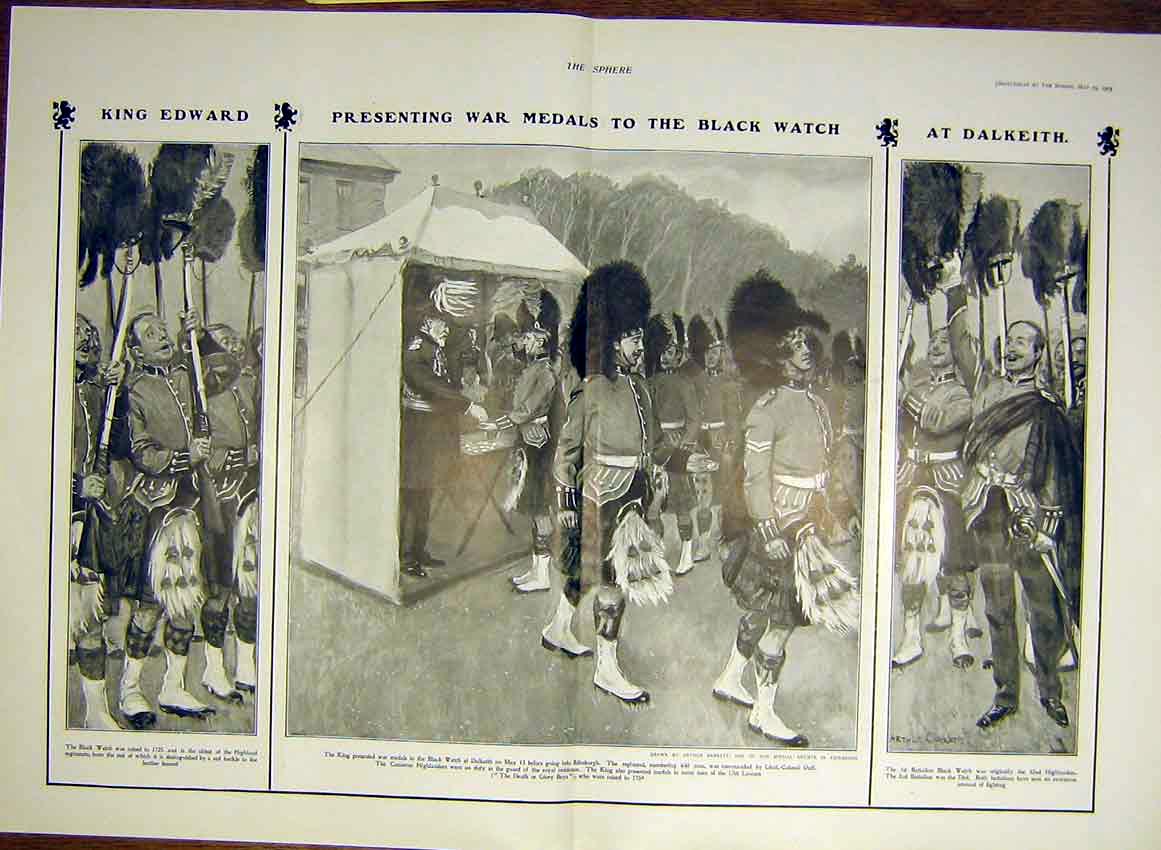 Original Old Antique Print King Edward Black Watch Dalkeith Scotland 1903 20th