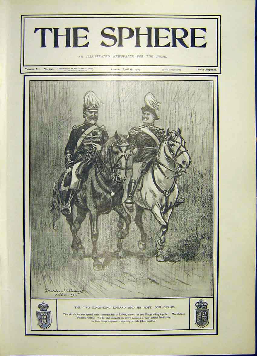 Original Old Antique Print King Edward Dom Carlos Lisbon Portugal 1903 20th