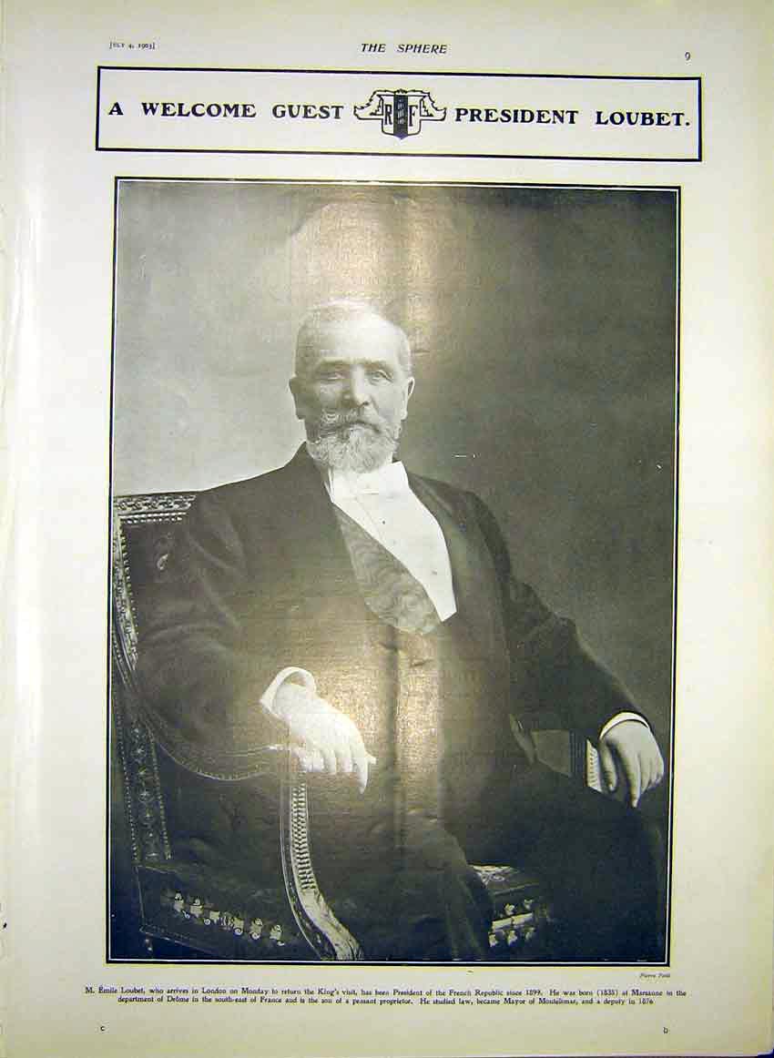 Original Old Antique Print President Loubet Portrait 1903 20th Century