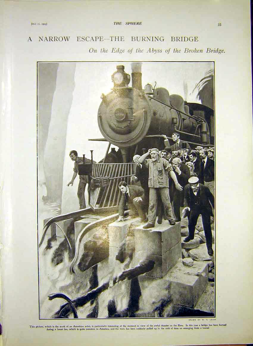 Original Old Antique Print Burning Bridge Train Ebro America Railway 1903 20th