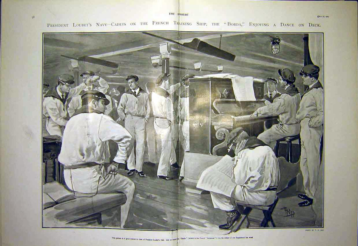 Original Old Antique Print Loubet Navy Cadets French Training Ship Borda 1903