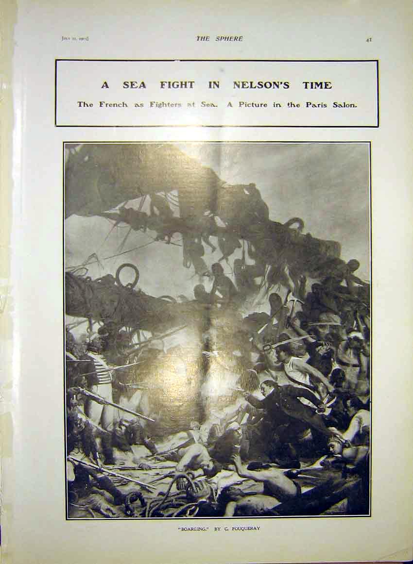 Original Old Antique Print Sea Fight Nelson French Fouqueray Boarding 1903 20th
